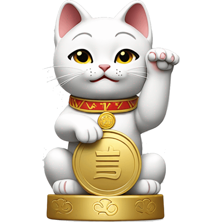 Japanese white maneki neko cat with its right arm raised and its left arm holding a golden koban coin emoji