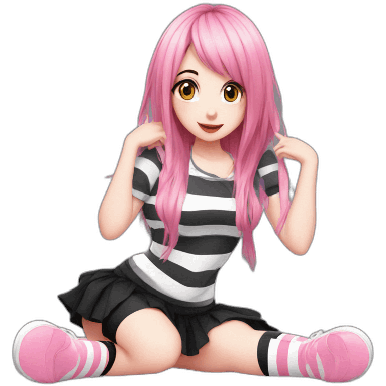 Full body Front view curvy emo girl sits on the floor straight view hands up black skirt striped stockings pink shorts emoji