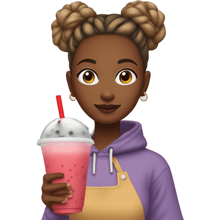 girl with her hair in a bun, wearing a red sweatshirt and holding bubble tea emoji