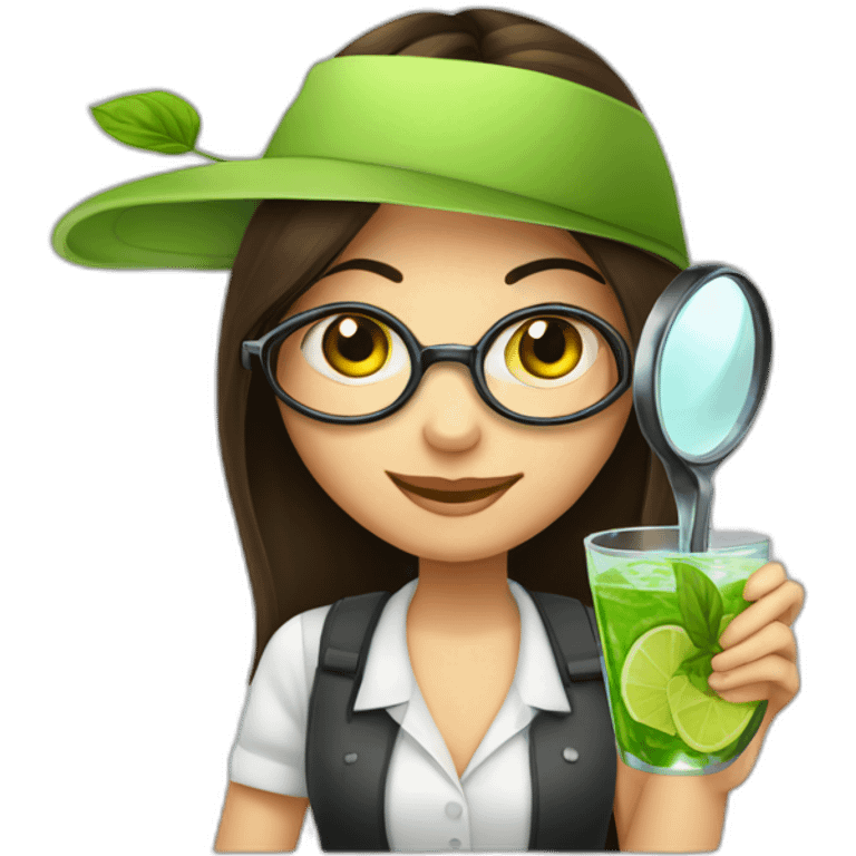 brunette girl with magnifying glass and mojito emoji