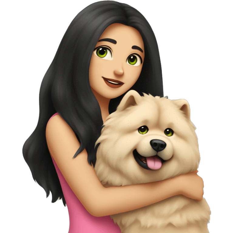 girl with very long black hair and green eyes and pink outfit hugging a beige fluffy cute chow chow dog emoji