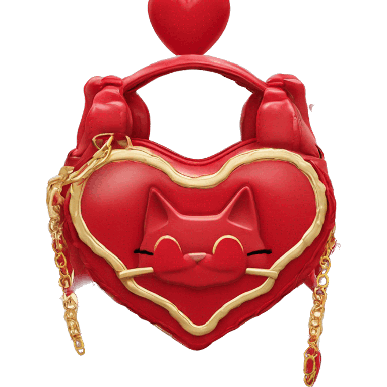 heart-shaped handbag in glossy red material with a scalloped edge. It features a decorative bow and the text “Sleepy Kitty” embossed in gold. The bag is adorned with two small red heart-shaped accents attached to gold chains, forming the handle. emoji