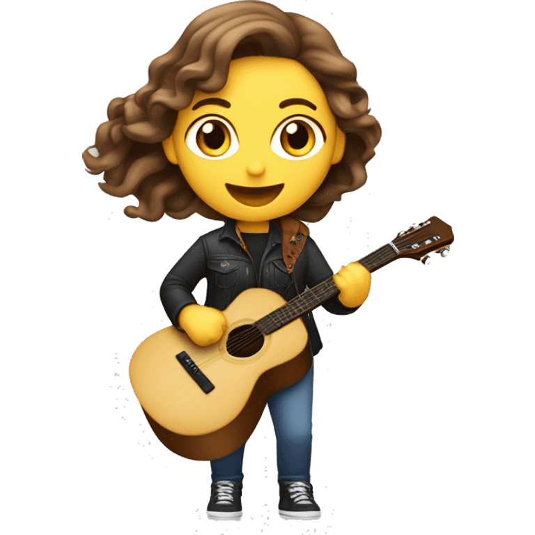 Une Femme caucasienne aux cheveux brun ondulé qui chante dans un micro et joue de la guitare  emoji