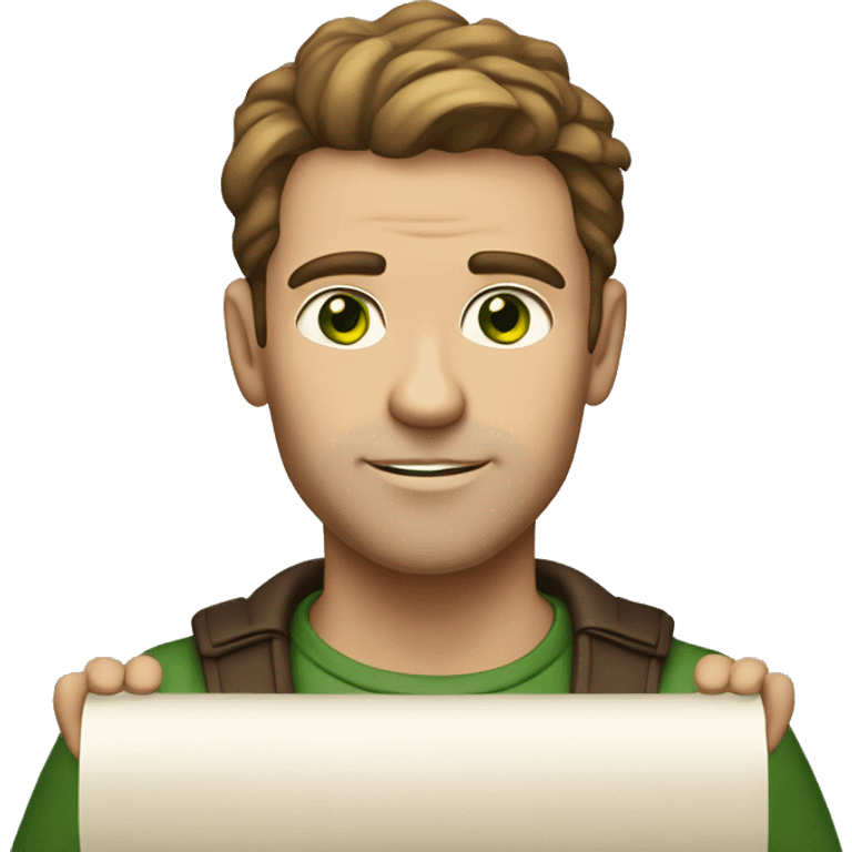 A light-skinned man with piercing green eyes, styled brown hair holding the long white paper scroll emoji