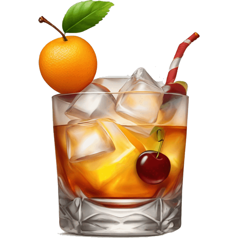 Old fashioned cocktail in an old fashioned glass with an orange twist and a cherry emoji