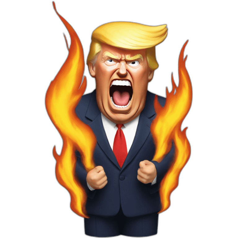 Trump screaming around big flames emoji