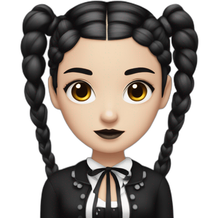 A girl with dark hair two braids and black eyes in style of Wednesday Addams emoji