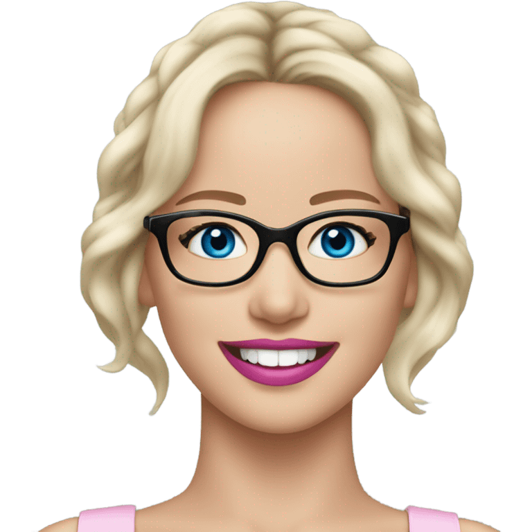 Happy Jennifer Lawrence,  blue eyes wearing glasses and pink lipstick  emoji