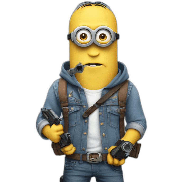 a minion in a sleeveless denim shirt with a hood with a tattoo on his hands holds two pistols emoji