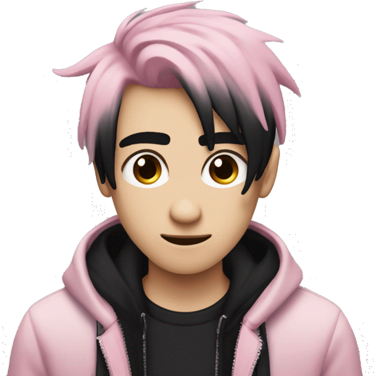 Create an emoji of an emo guy with split-dyed hair—one side pastel pink and the other side black. The hair should have a slightly messy, choppy texture, and the character should have a subtle, sad expression, wearing dark clothing typical of emo fashion emoji