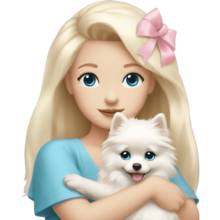 Blond girl white skin blue eyes hugging white Pomeranian with light pink bow emoji