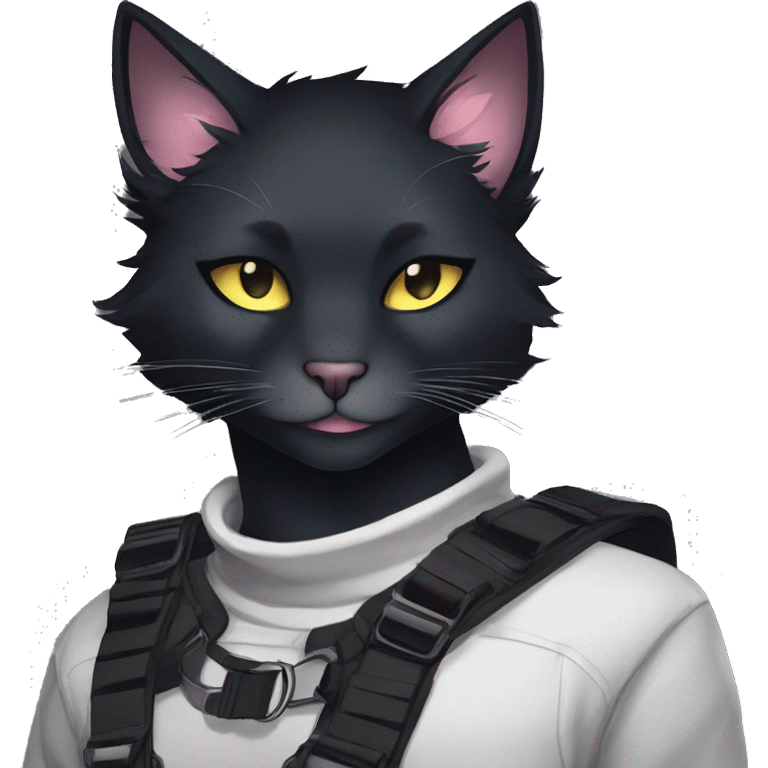 Gorgeous furry dark techwear anime style anthro black cat furry sona Fakémon aesthetic and pretty edgy black with collar and harness trending style emoji