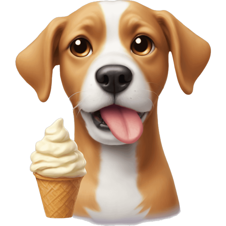 Dog with fluffy ears a chicken nose eating a ice cream emoji