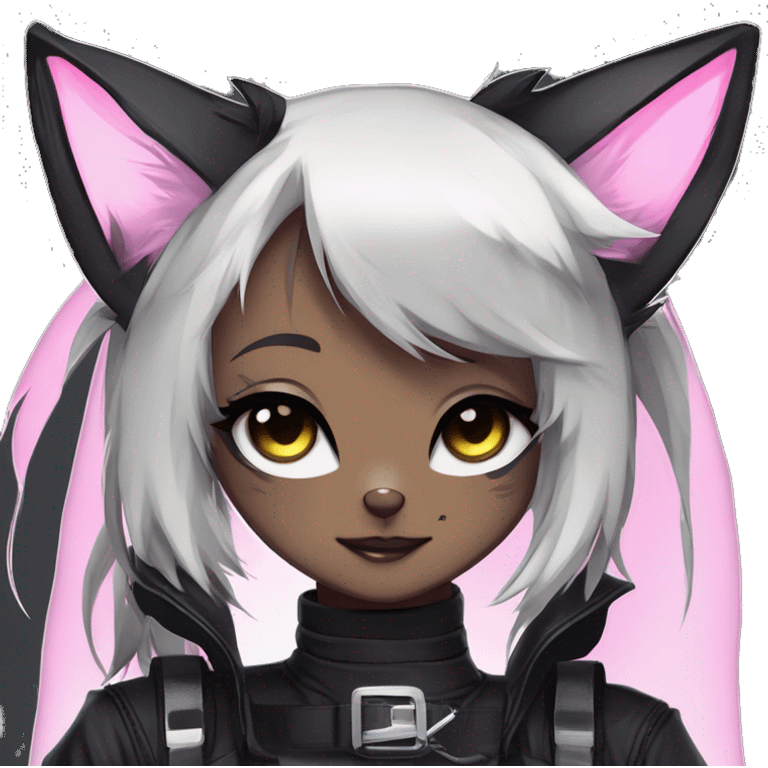 Gorgeous furry dark cyberpunk techwear anime style anthro black cat fursona with blushing face aesthetic and pretty edgy black with collar and harness trending style emoji