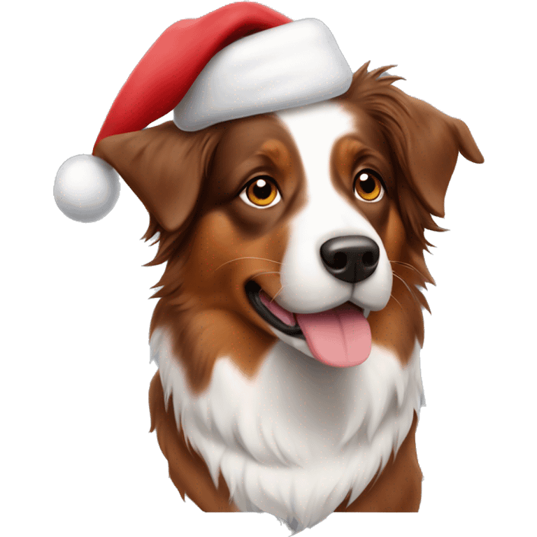 Red tri Australian shepherd wearing a Santa hat emoji