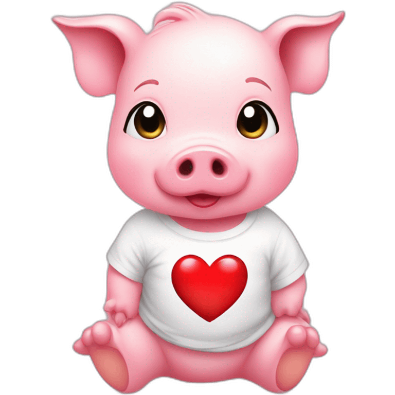 A pink baby pig with a white t-shirt on which there is a red heart, emoji