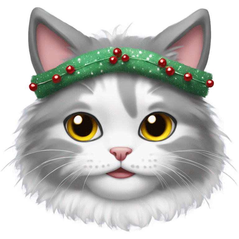 Grey and white fluffy cat with a Christmas headband  emoji