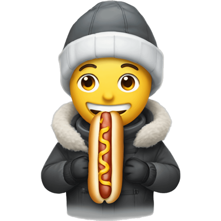 smiling guy in winter gear but eating a hotdog emoji