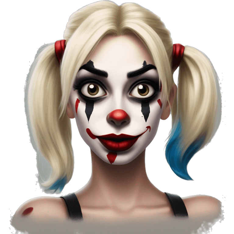 Insane Harley Quinn in Uncle Scrooge style, oil paint, mysterious eyes, intricate lips, masterpiece portrait, beautiful, desirable, logical emoji