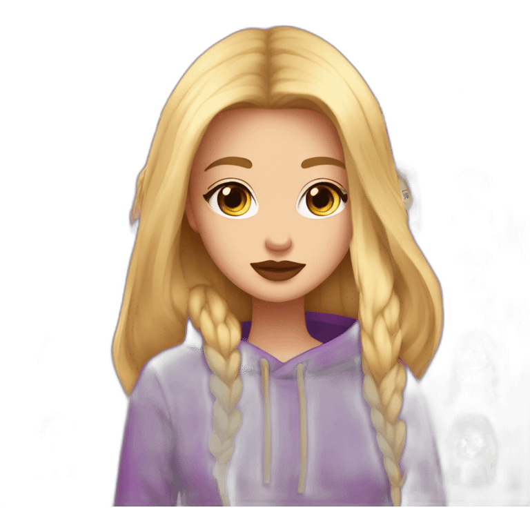 Purple hoodie rose blond long straight hair mascara eyelashes pinkish red  color lip smaller eyes emoji