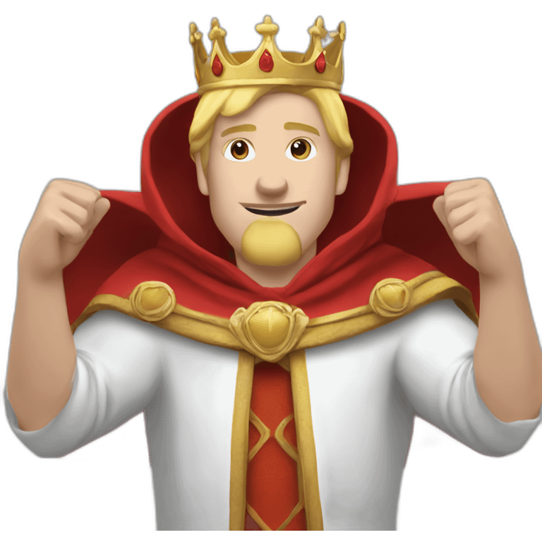 a blonde king in red cape, both hands raised, saying tetten emoji