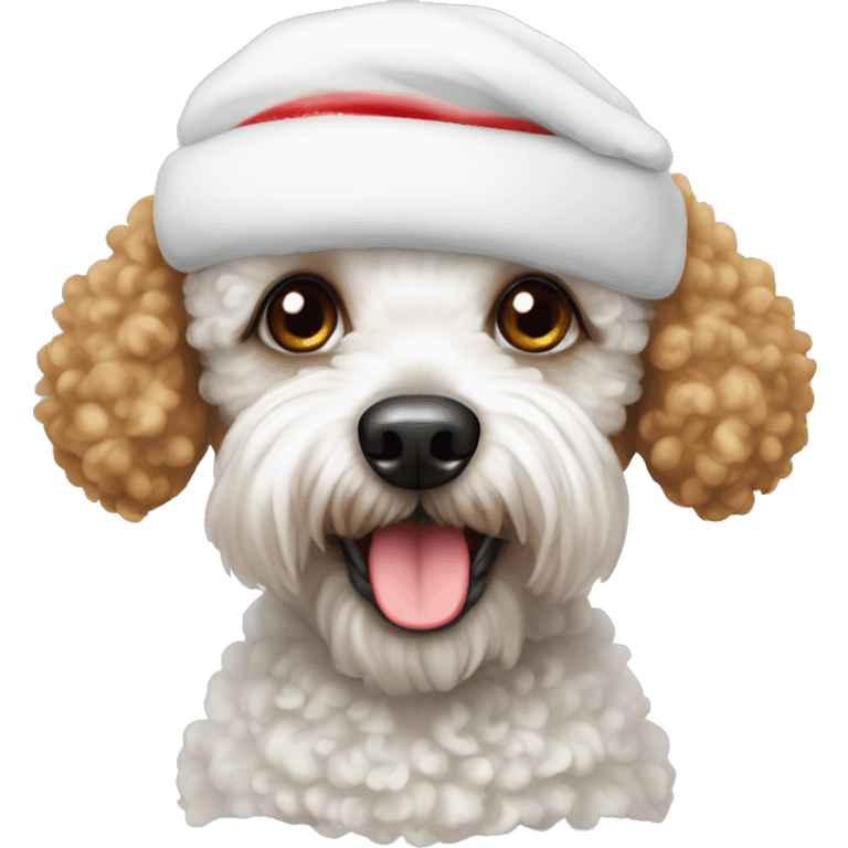 White toy poodle wearing Santa hat emoji