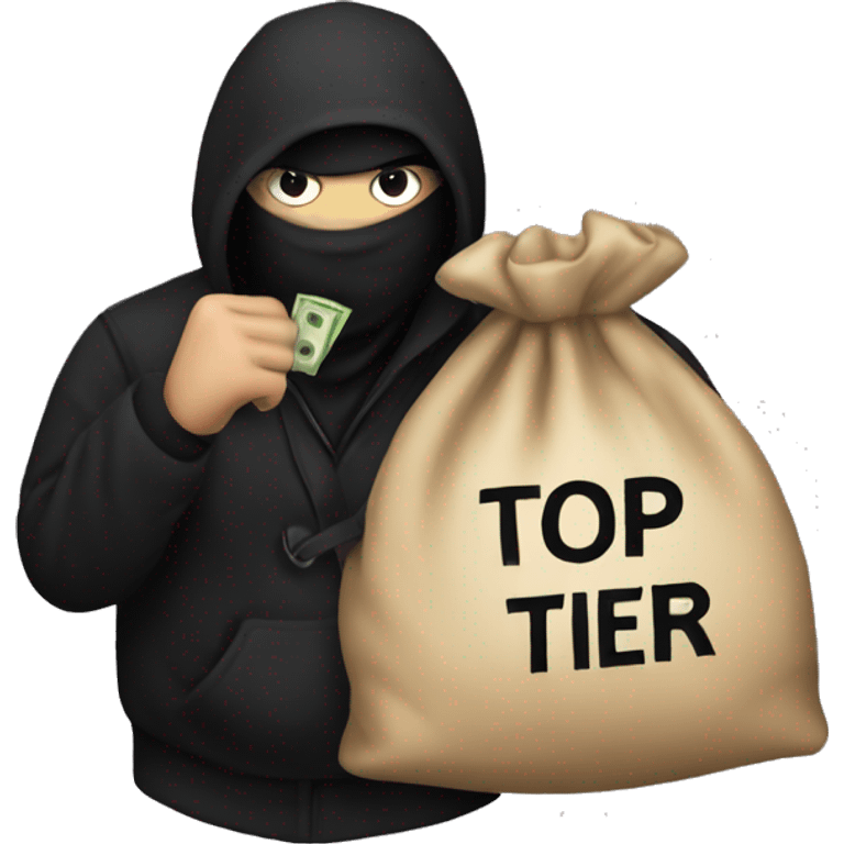 Thief wearing all black clothes stealing a money bag with the words Top Tier embroidered on it emoji