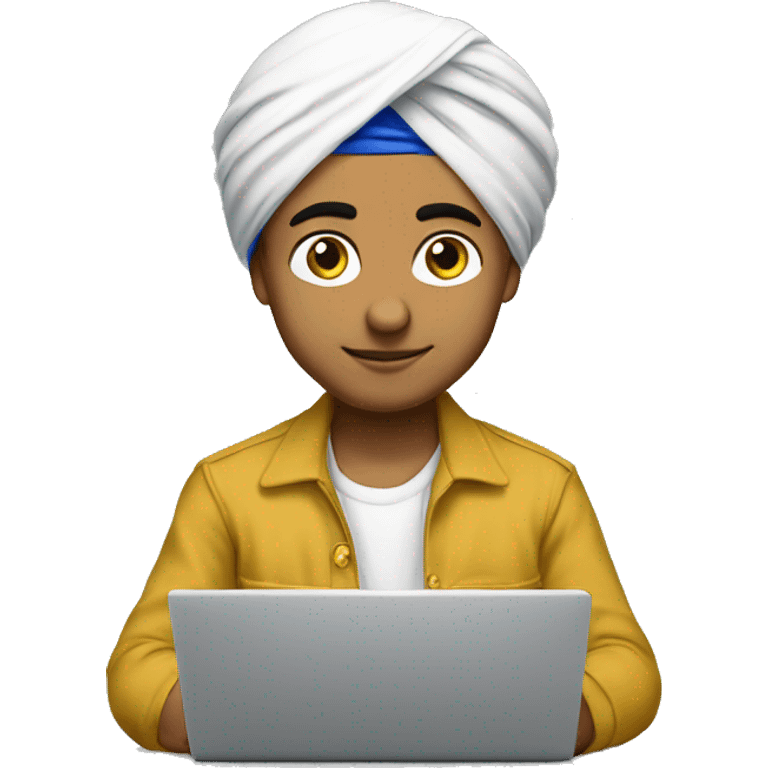 a young sikh boy oimg coding on laptop, Make him wear a Punjabi turban of white color emoji