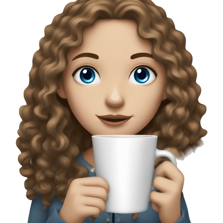 A white girl with darkblonde long curly hair, blue eyes and freckles holding a cup of coffee emoji