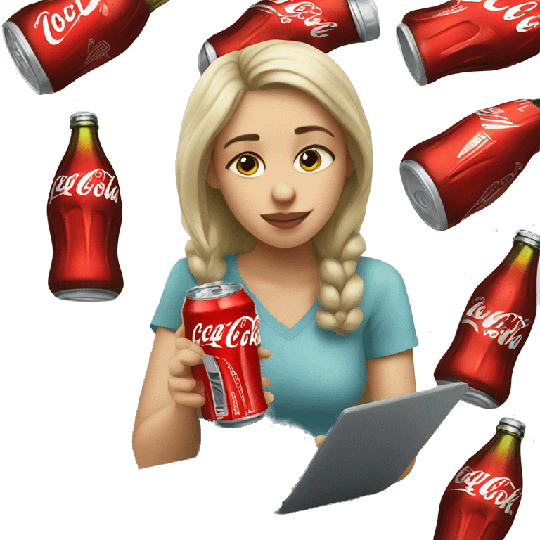 tired girl with laptop drinking coca-cola emoji