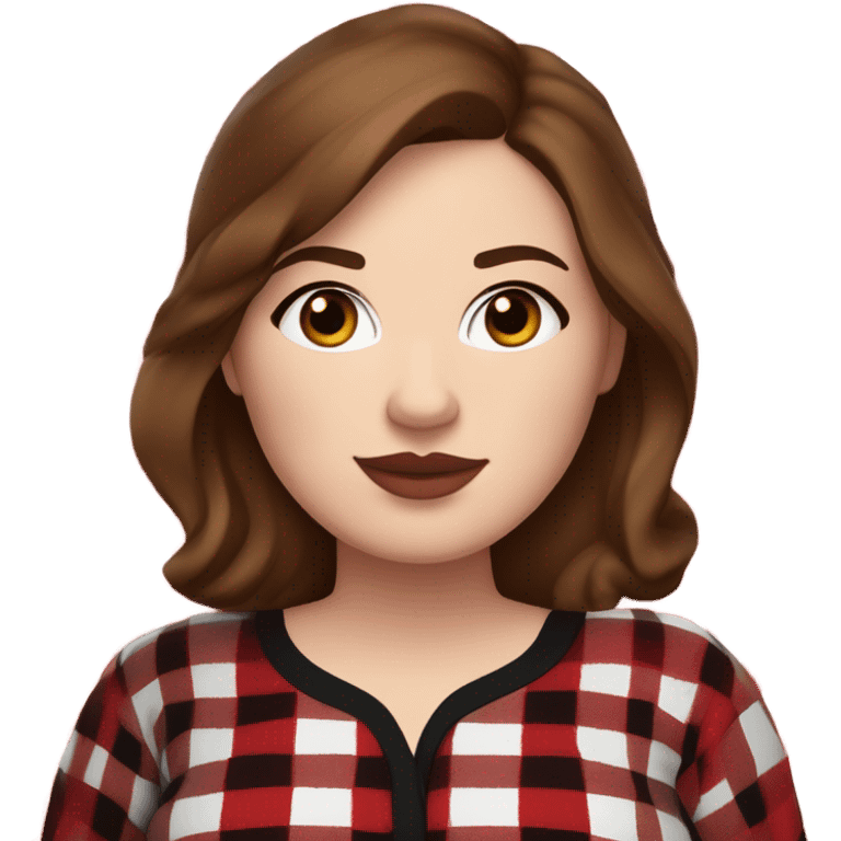 Plus size woman with brown hair and brown eyes wearing red and black buffalo plaid pjs. White skin. emoji