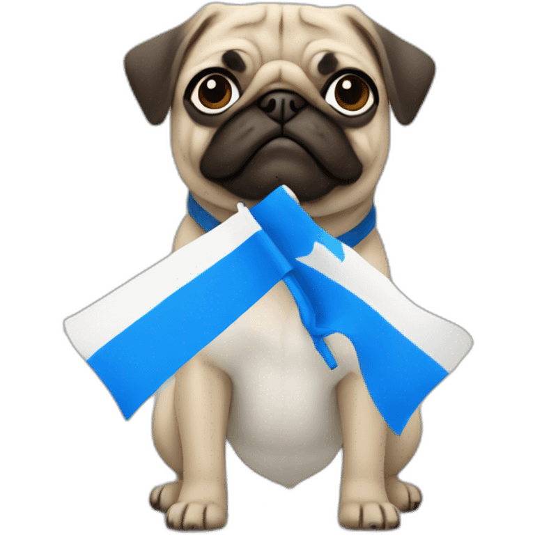 pug holding a white flag with a blue cross through it emoji