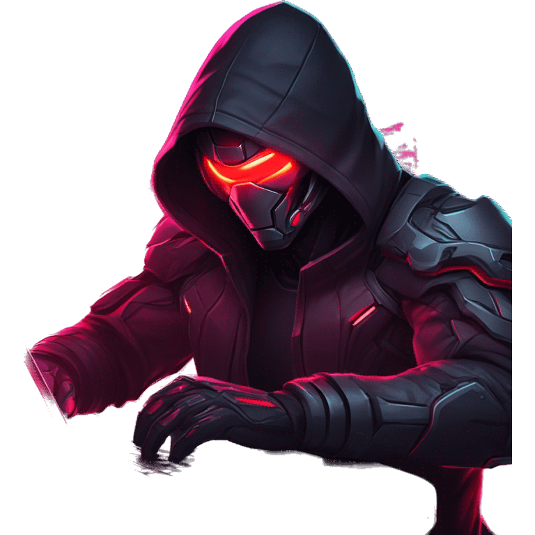 developer behind his laptop with this style : crysis Cyberpunk Riot Games Valorant neon glowing bright red character red dark black hooded assassin themed character emoji