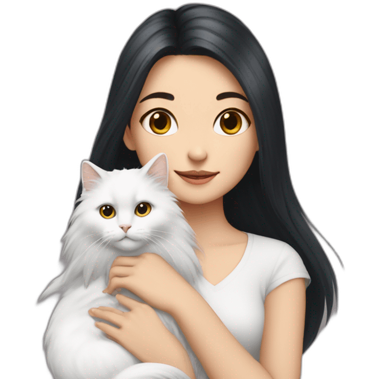 A girl with long dark hair and a white fluffy cat is lying on her right shoulder emoji