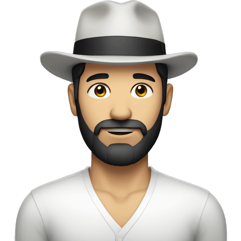 Man with black hair and beard with white skin and hat on emoji