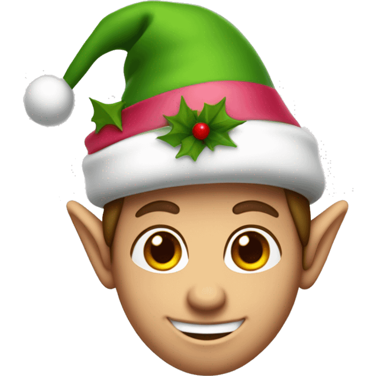 Christmas elf with a green hat, white skin, rose-colored nose, and a big smile. Only the head and hat. Hair is brown. emoji