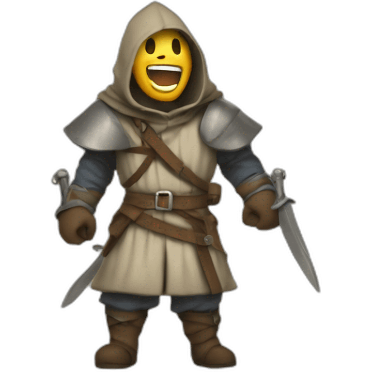 medieval saboteur laughing and escaping, hooded emoji