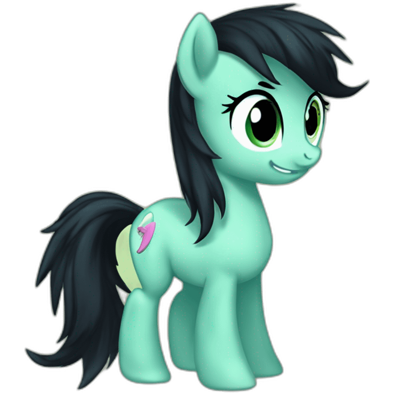 filly from equestria with a green coat and a black dishevelead mane and tail with a cutie mark with a cutie mark emoji