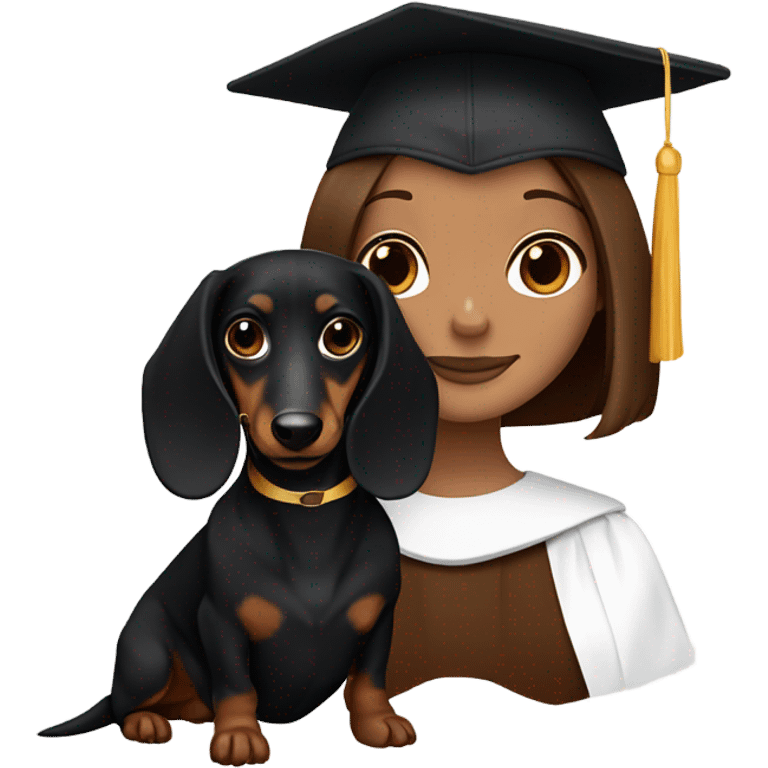 Brown haired white girl in graduation cap holding dark brown long haired dachshund  emoji