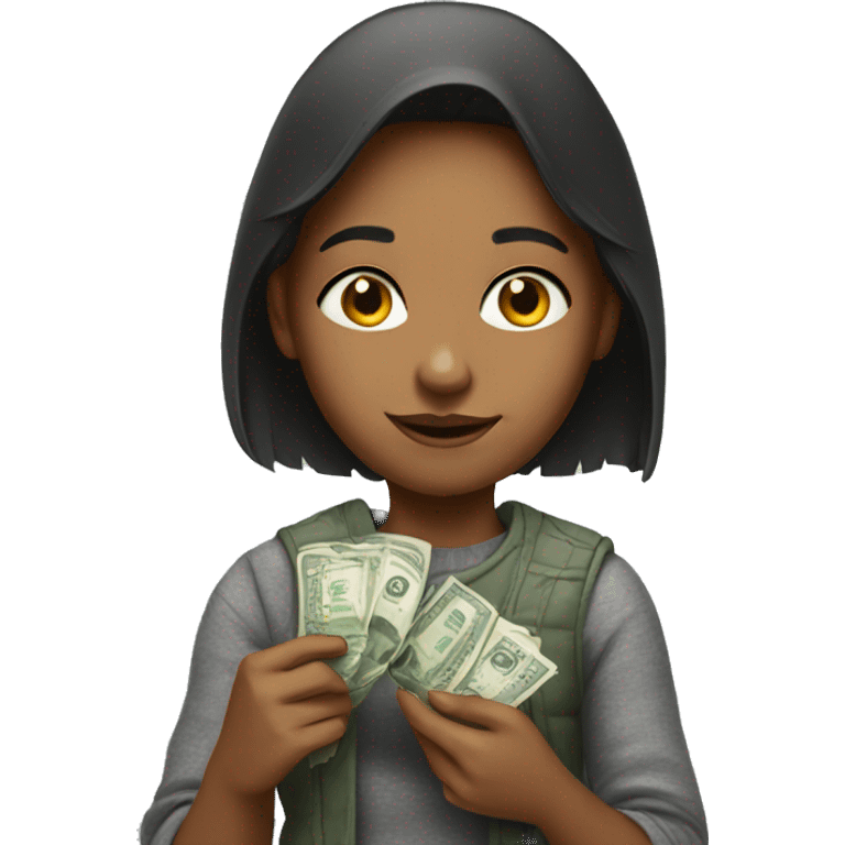 realistic portrait of a girl holding money emoji