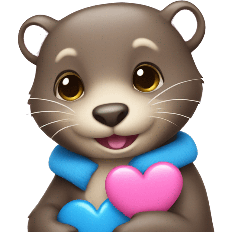 a pink colored otter holding a blue heart emoji