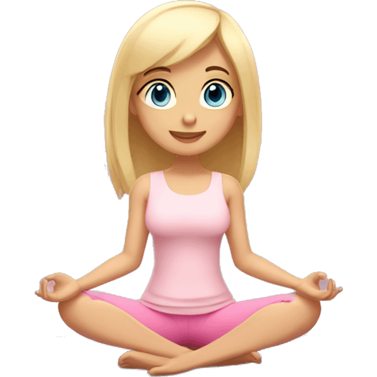 blonde with bangs and blue eyes yoga girl light pink clothes sitting on yoga mat emoji