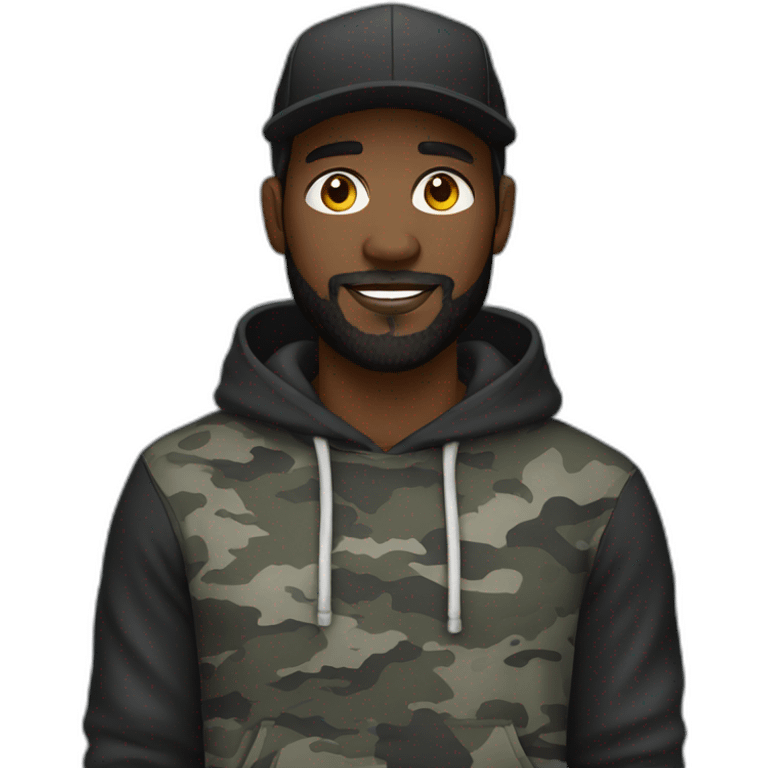 black man with a beard, gray camo hat, black pullover  hoodie emoji