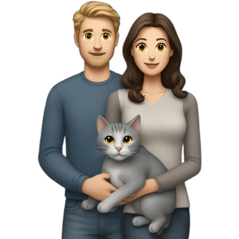 white man and brunette woman with a big gray cat in their arms emoji