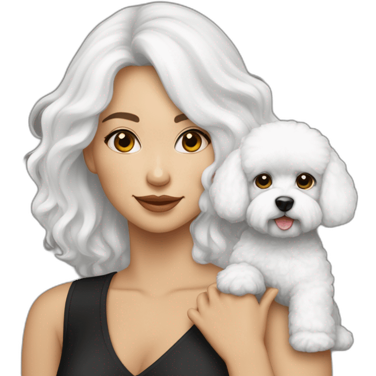 mujer piel blanca pelo negro largo con perro bichon blanco emoji