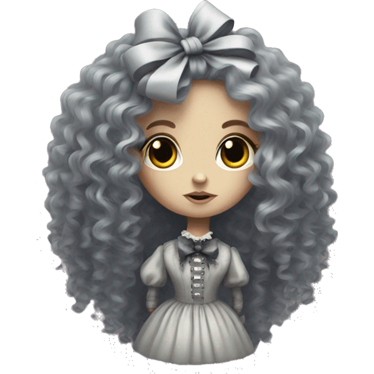 gray, creepy, haunted, victorian doll with very long curly hair and a hair bow emoji