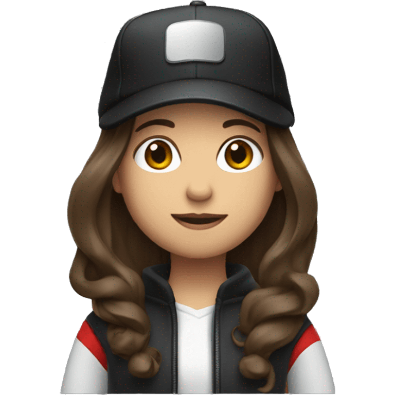 Brunette with long hair in a black cap and a red jacket with a camera emoji