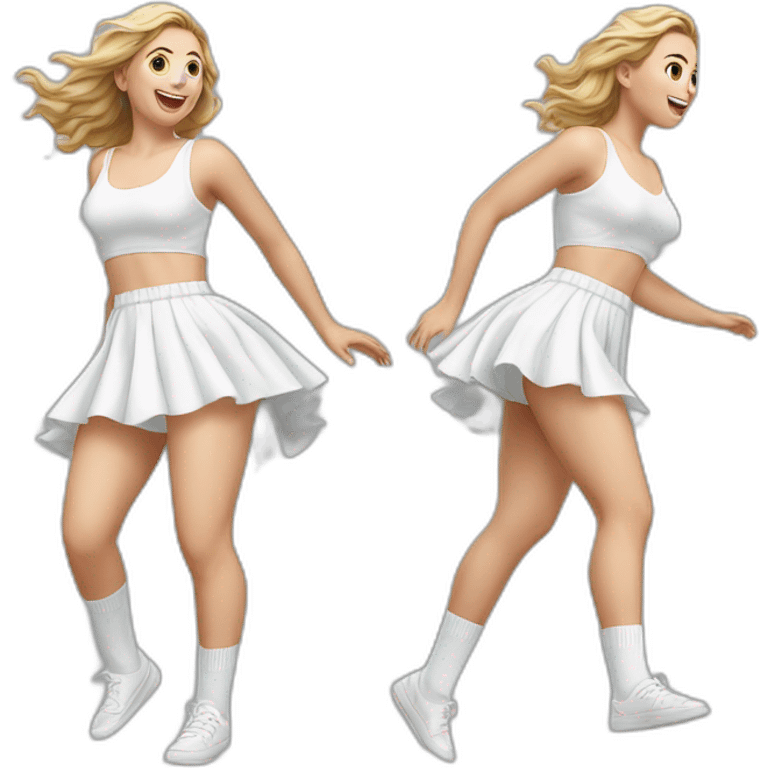 hyperrealistic-full-body-caucasian-curvy-beauty-jumping-small white-skirt-back-and-front-views-strong-wind-knickers white socks emoji