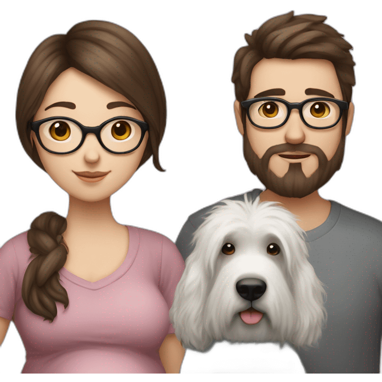 Hyperrealist Pregnant girl with half long brown hair with glasses, a boy with long beard, glasses and short hair and english sheepdog emoji