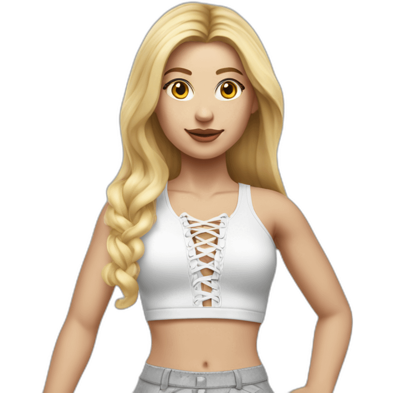 hyperrealistic caucasian female, long straight blonde hair, white lace up crop top, grey tight mini skirt emoji